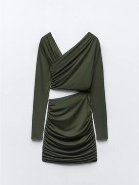 Zara Olive Green Long-Sleeve Ruched Cutout Dress